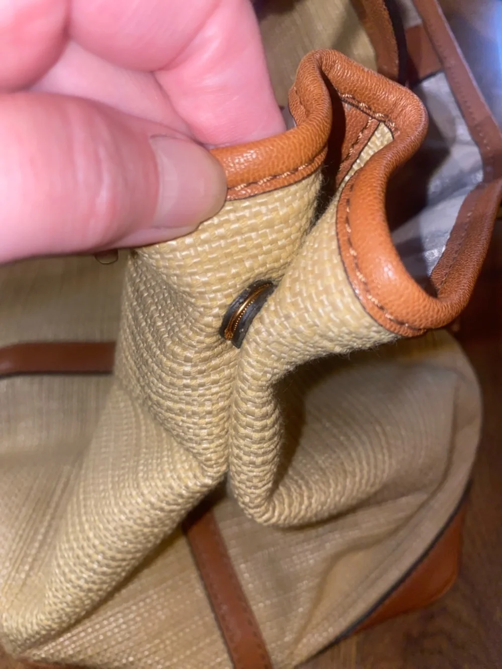 Michael Kors Raffia Tote with Tan Leather Trim and handles.